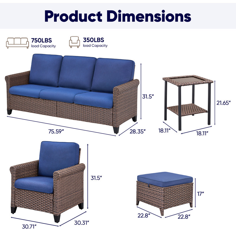 Ensemble de conversation 8 pièces en osier avec fauteuils et repose-pieds, Bleu
