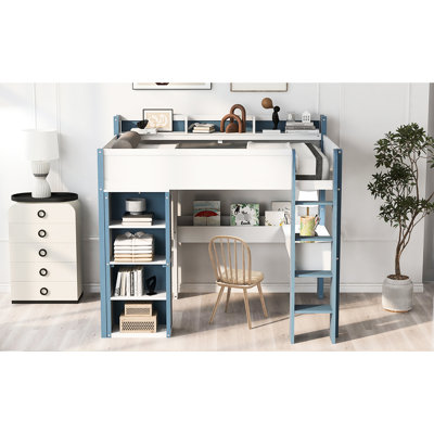 Full Size Wood Loft Bed With Adjustable Shelves And Hanging Rod - Contemporary Aesthetic, Stable Base, Quick Assembly Clothes Rail Built Elegant Appea