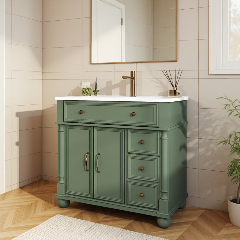 Meuble-lavabo 36 po Mid-Century avec lavabo, structure en bois massif et poignées en métal, Vert, 36"