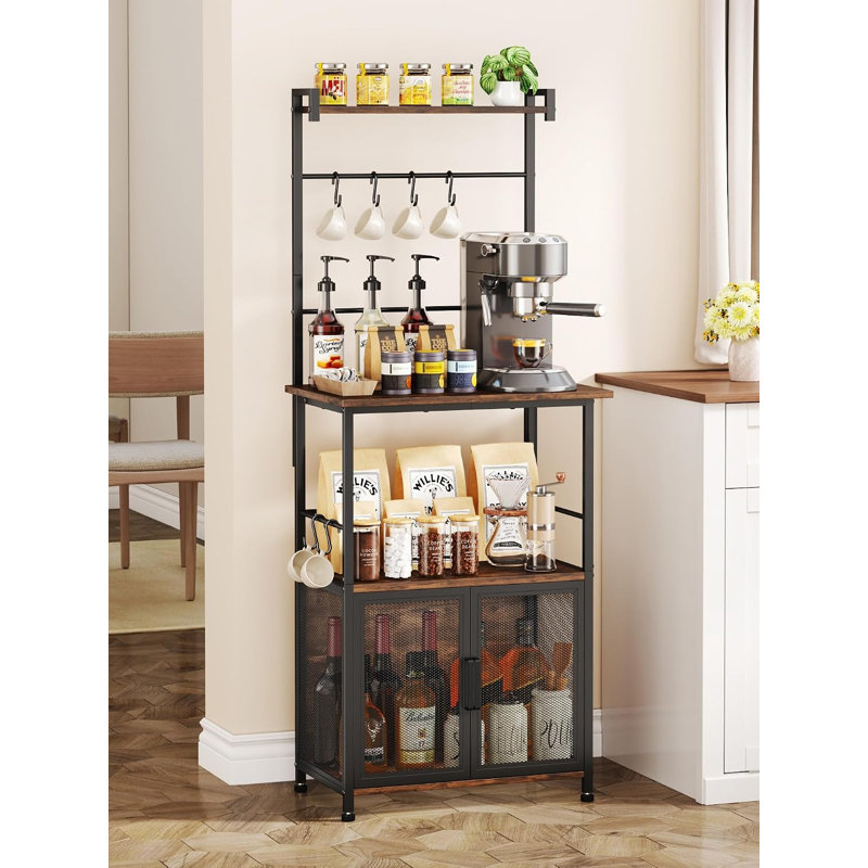 Station de café pour l'espace, portes d'armoire fermées à double filet uniques + 6 crochets à tasses multiples, support à micro-ondes polyvalent, support d'armoire de buffet