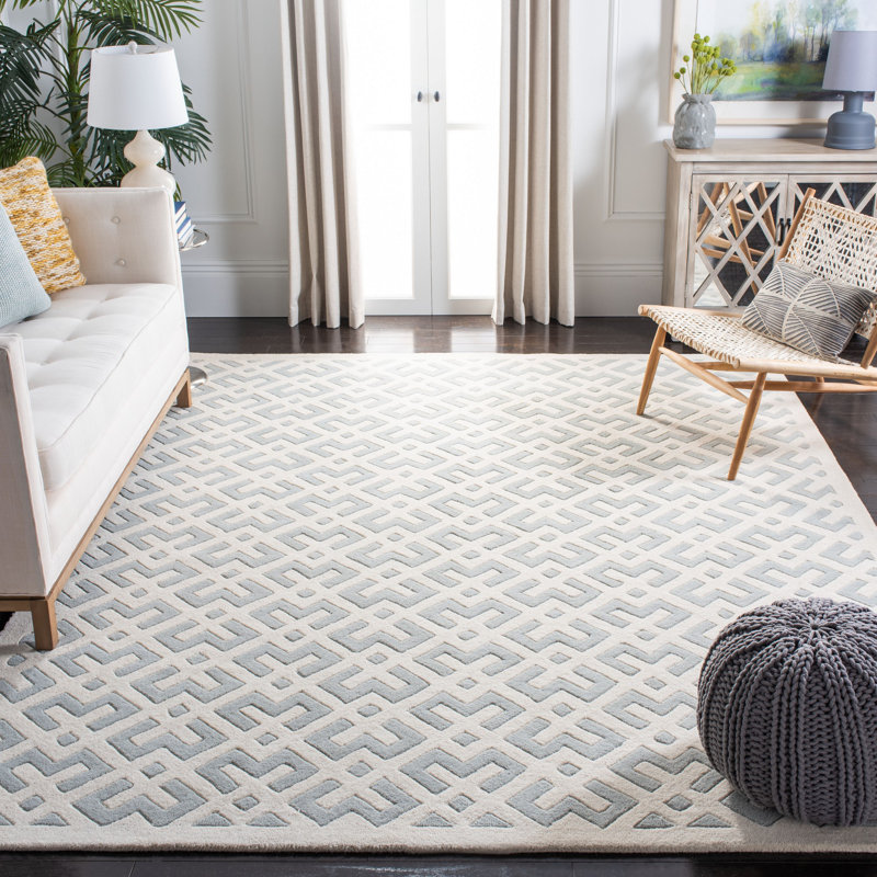 Sanyiah Geometric Handmade Tufted Wool Grey/Ivory Area Rug, Rectangle 8' x 10'
