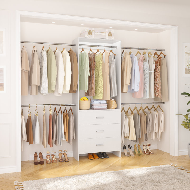 Système d'organisation l 76,5 "à 118" avec 4 tringles et 3 tiroirs, Blanc