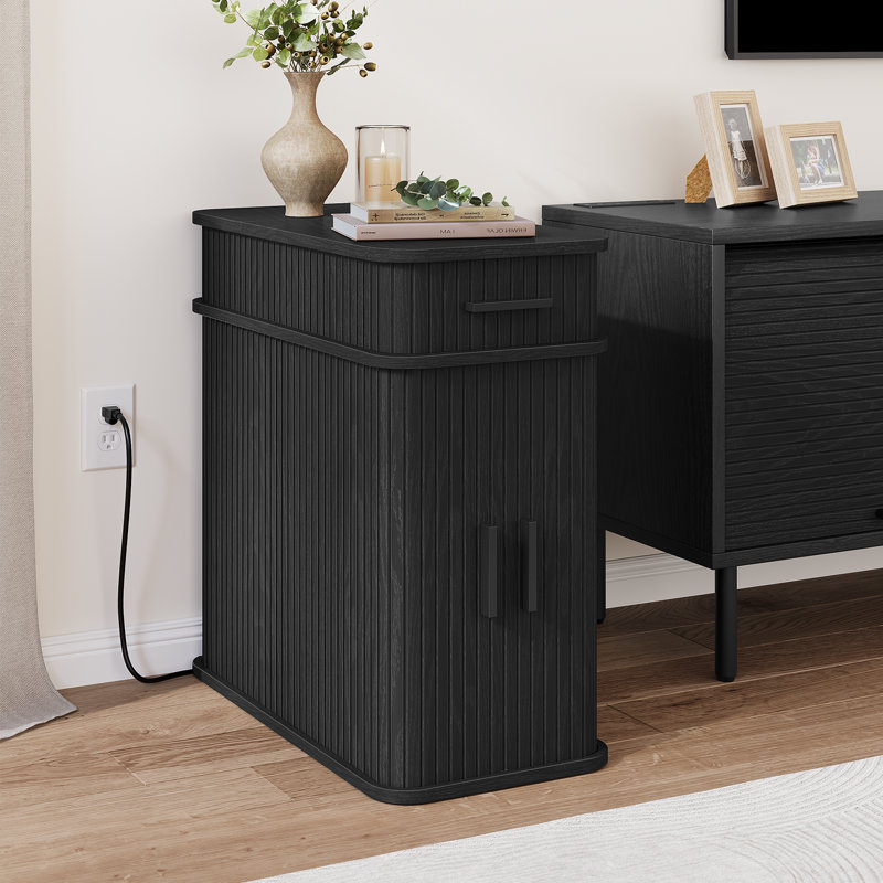End Table with Storage and Charging Station, Black