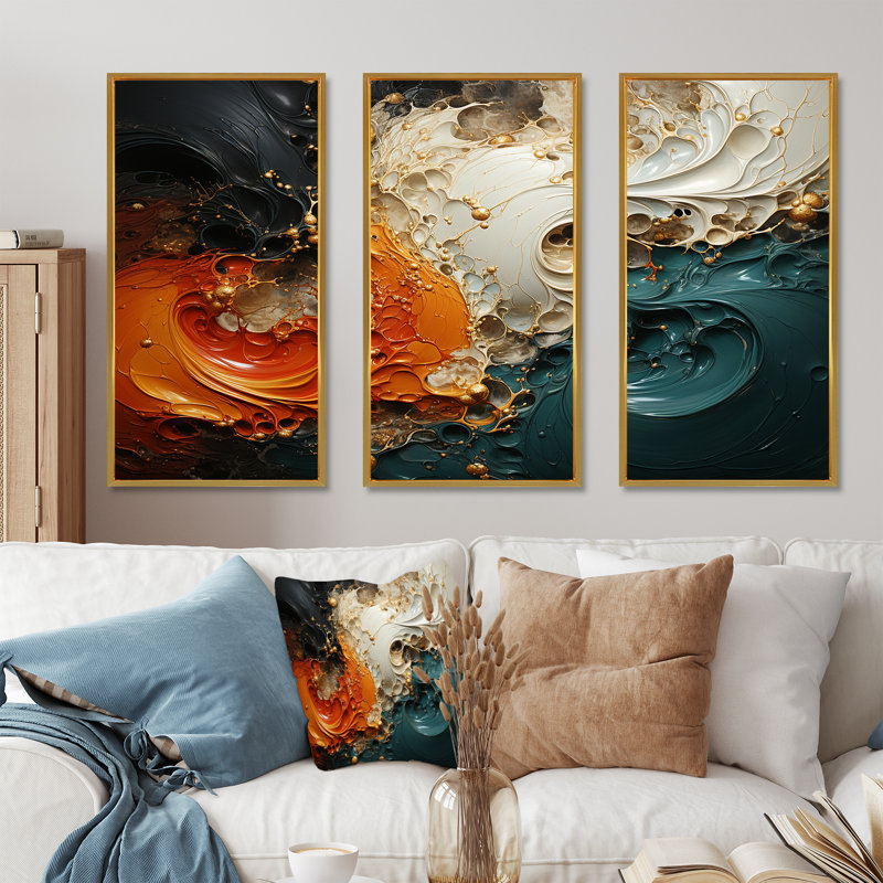 Orange et émeraude marbre lave V - art mural abstrait, Cadre flottant doré, H 28 po x l 36 po x P 1 po