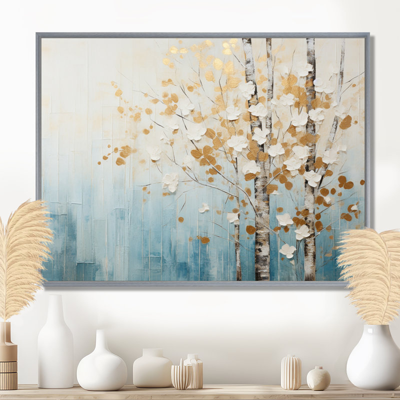 Minimalisme bleu et forêt dorée I - art mural forêt, H 30 po x l 40 po x P 1,5 po, Encadrement argenté