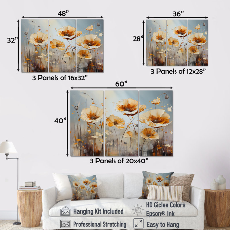 «Yellow and Grey Poppies Spatula Art», ensemble d'art mural sur toile Flower Field, H 32 po x l 48 po x P 1 po