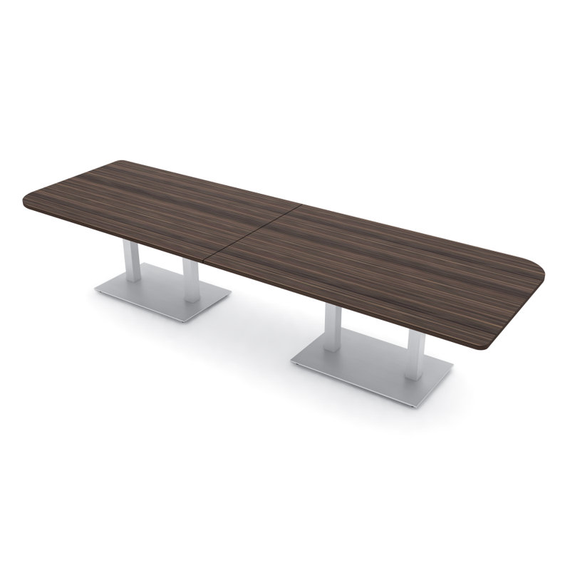Table de conférence en forme de duo avec double base en métal, L 120 po x l 48 po, Eucalyptus naturel, Argent argent