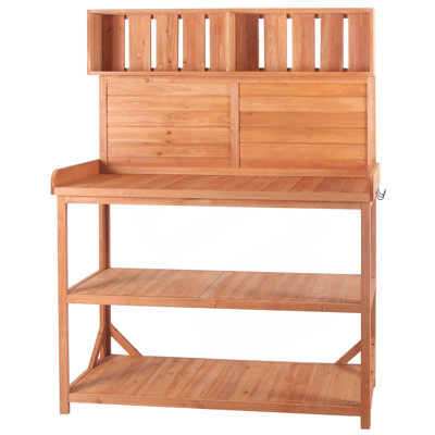 Durable 65-Inch Wooden Farmhouse Potting Bench With 4 Shelves, Side Hooks, And Anti-Falling Safety For Outdoor Gardening