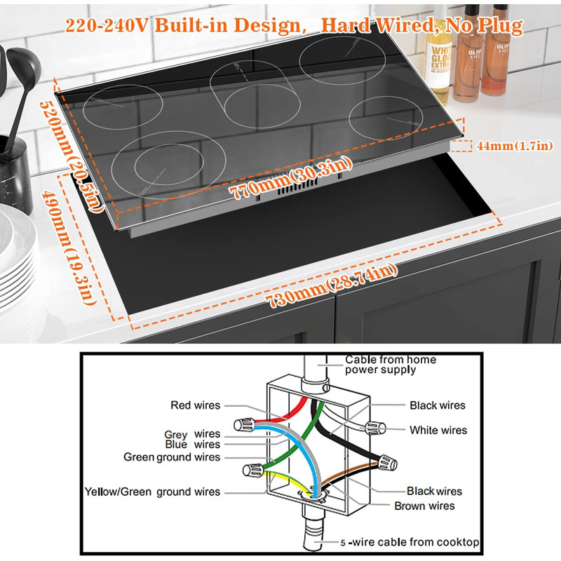 Plaque de cuisson électrique Karinear de 30 po, protection du verre 220-240 V à 5 brûleurs, installation requise