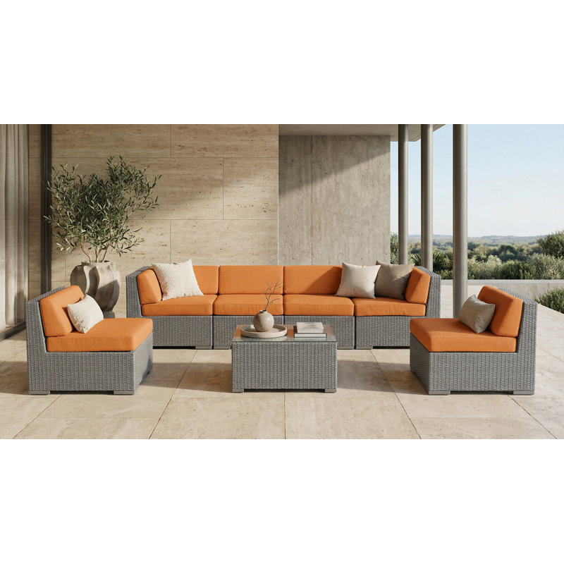 Ensemble de conversation en osier pour 6 personnes avec coussins Barneveld - sans assemblage, Toile Sunbrella® toscane, Gris