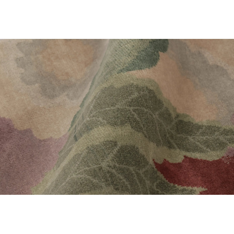 Art Deco Hand Knotted Wool Floral Area Rug in Blue, Beige, Green, Taupe, Rectangle 10' x 14'
