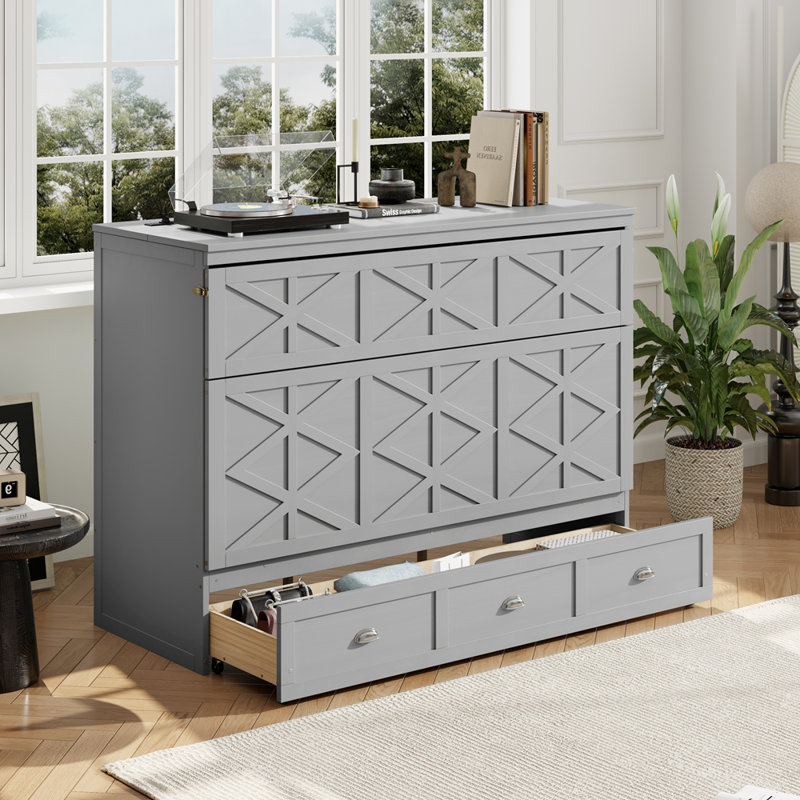 Grand lit escamotable avec grands tiroirs et port USB, gris