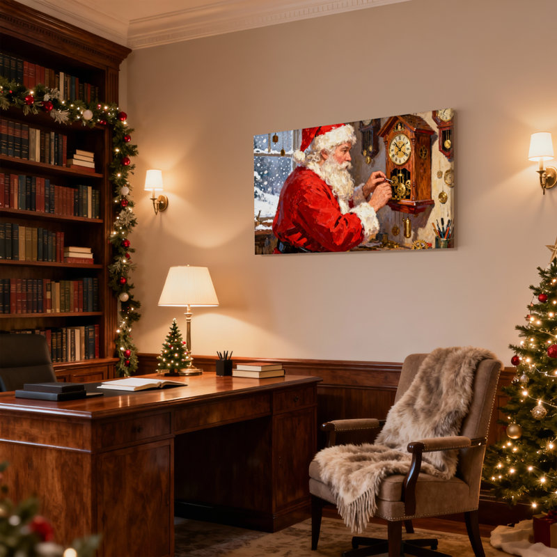 Noël, père Noël réparant une horloge dans un atelier, ensemble de 3 impressions sur toile, H 20 po x l 30 po