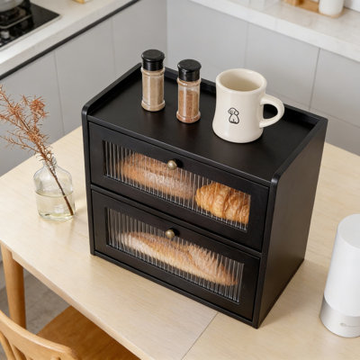 Wooden Bread Box For Kitchen Countertop With Acrylic Window, 2-Tier Bread Storage Container With Ventilation, Large Capacity Bread Pantry Organizer