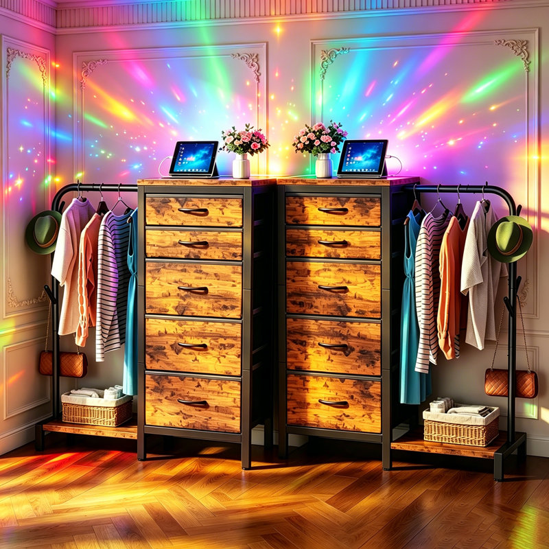 Commode 5 tiroirs avec support à chaussures et penderie, grande commode en tissu sans station de charge et lumières DEL pour la chambre à coucher, le placard, le vestibule