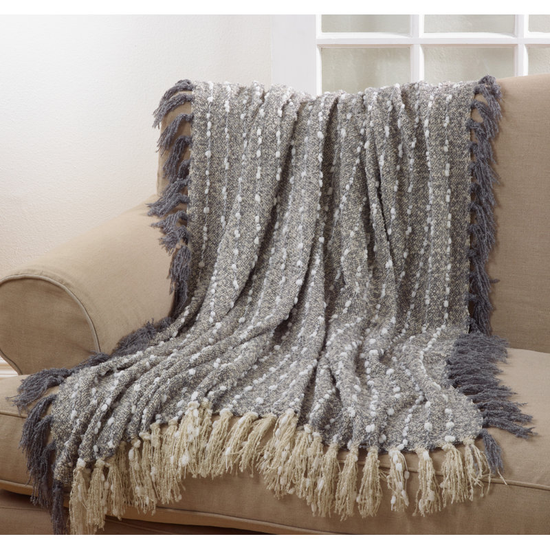 Heathered Gray Chunky Throw Blanket with Pompom Tassels
