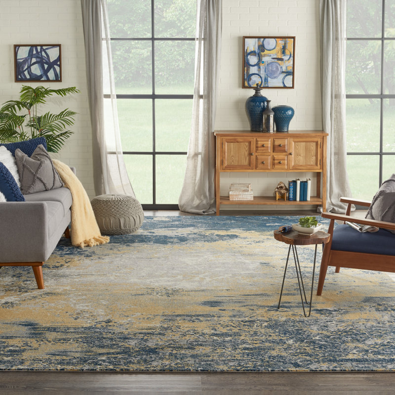 Tapis abstrait bleu marine / jaune, Rectangle 12 pi x 15 pi