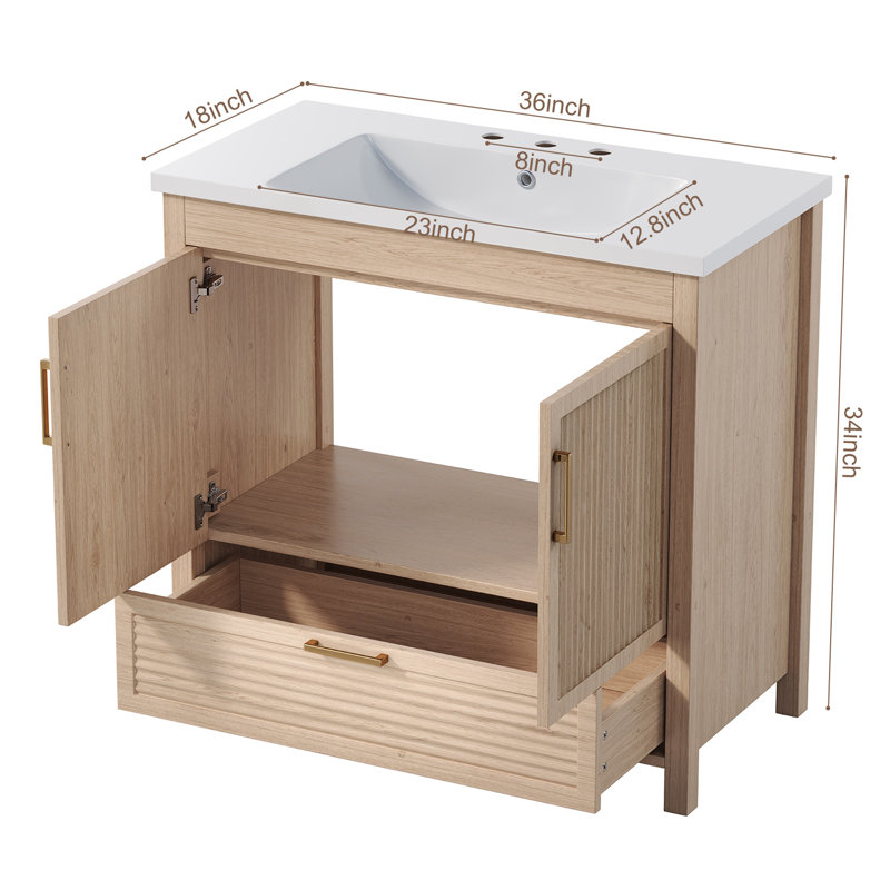 Meuble-lavabo autoportant de 91 cm avec lavabo, tiroir à fermeture amortie et armoire cannelée, Natural