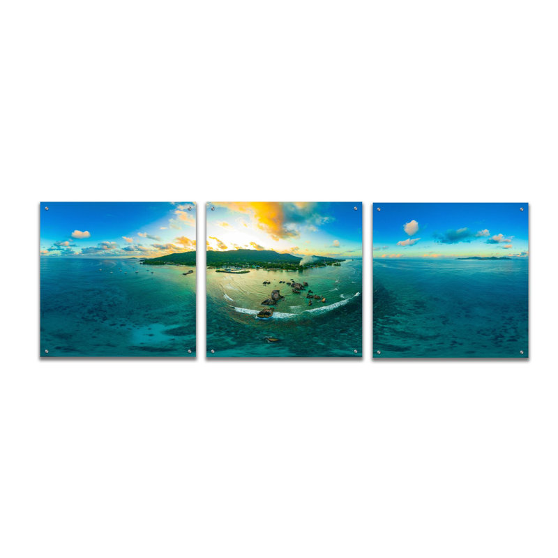 «Seychelles - LaDigue from Rocks» par Epic Portfolio, art mural en verre acrylique, ensemble de 3 pièces, H 24 po x l 72 po