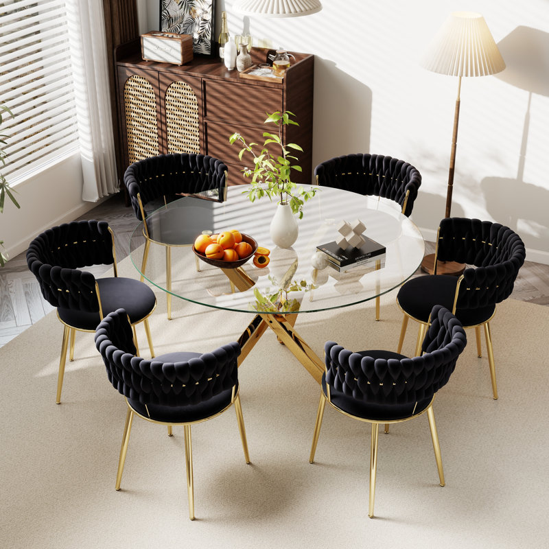 Ensemble de salle à manger rond à piédestal transparent avec fauteuil de salle à manger en velours ciel, Noir et or, Doré