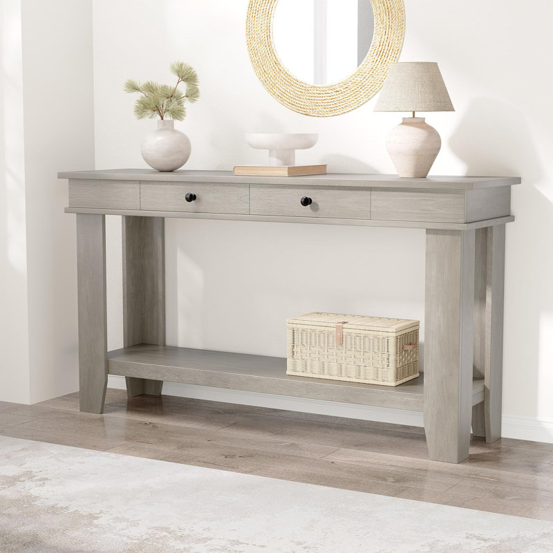 Farmhouse Console Table for Behind Couch, 54-Inch Long Entryway Table with Drawers & Open Storage Shelf, Gray