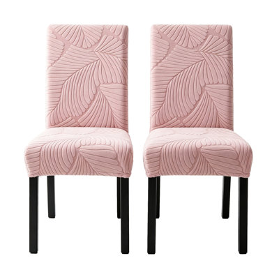 All In One High Back Dining Chair Slipcovers Set of 2, Elastic Flannel Fabric Embossed Leaf Pattern Blush Pink Chair Cover Removable Washable Protector for Home Kitchen Dining Furniture