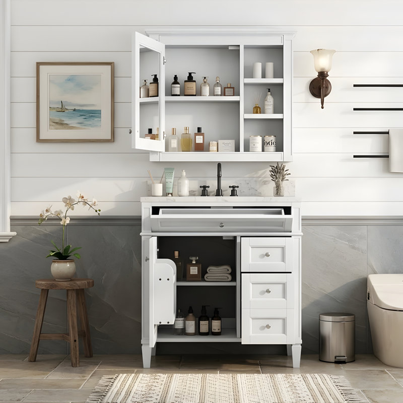 Meuble-lavabo de 30 po avec lavabo en céramique et armoire à pharmacie, Blanc
