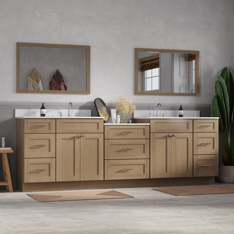 Plateau de meuble-lavabo double en bois massif avec tiroir à queue d'aronde et comptoir Carrara, Chêne naturel, 103"