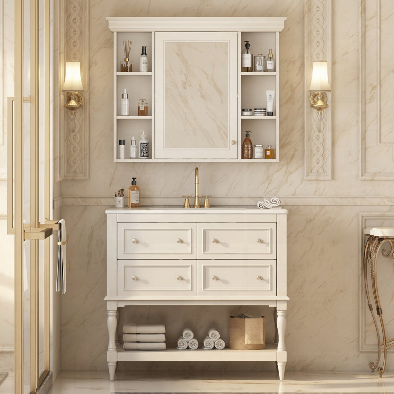 Meuble-lavabo moderne avec armoire à pharmacie et tablette réglable avec tiroirs en bois massif, Beige