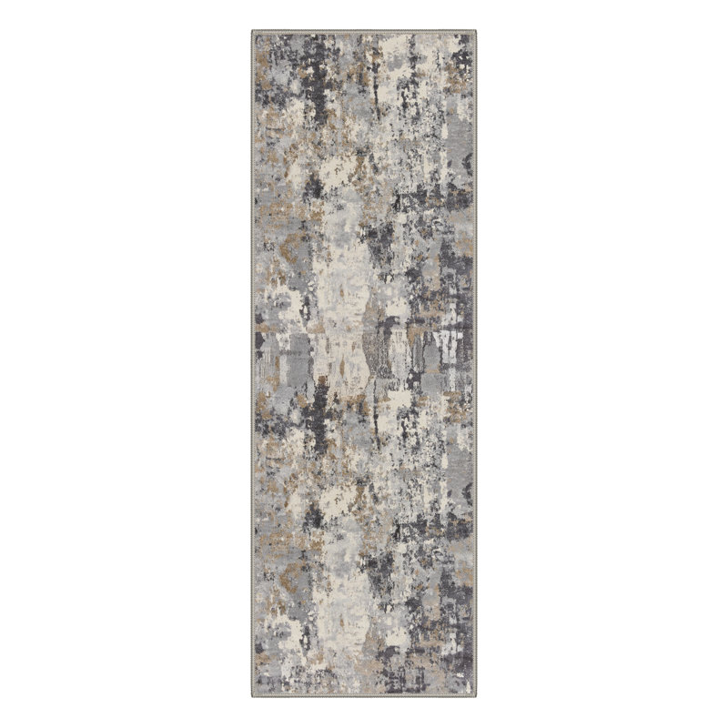 Aura Abstract Machine Washable Grey / Black / Grey Indoor Area Rug with Non-Slip Backing, Runner 2' x 7'