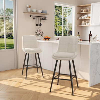 Set of 2 Chenille Bar Stools, Counter-Height Upholstered Barstool with Soft Fabric, Sturdy Steel Frame for Kitchen Island