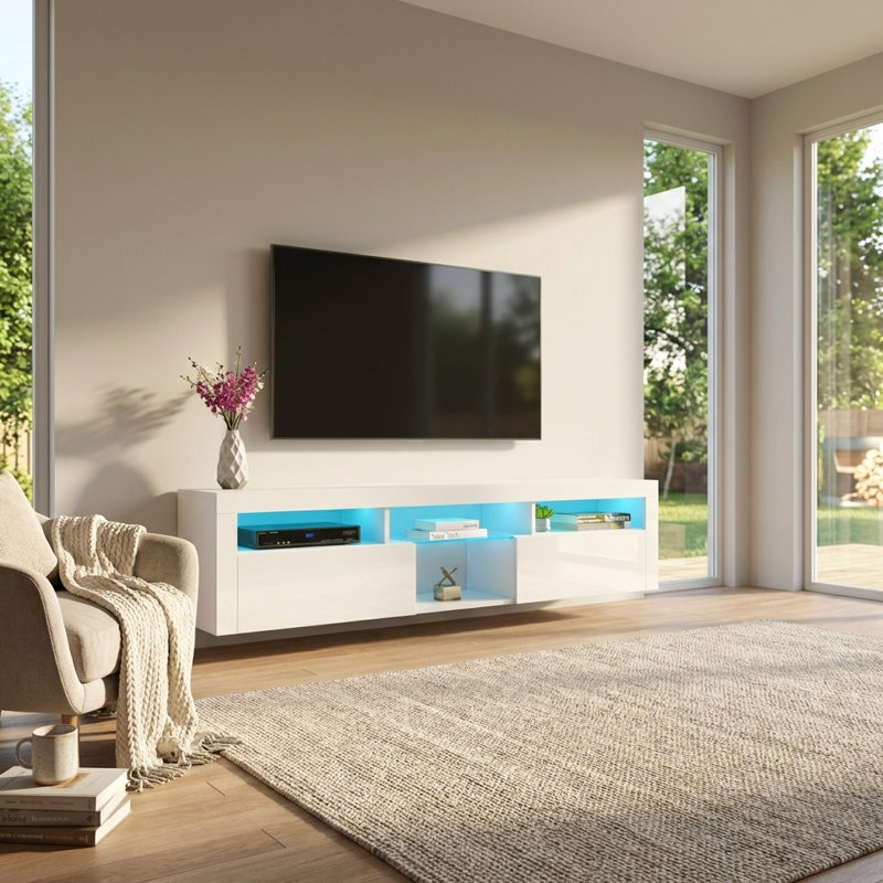 Meuble télé flottant mural pour téléviseur de 88 po ou moins Sabacky, 17.7"H x 78.7"W x 13.8"D, Blanc