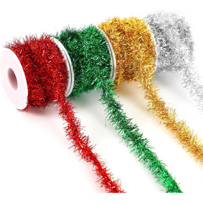 65.7-foot-long Christmas ribbon roll in red, green, gold, and silver, decorated with a glittering Christmas wreath.