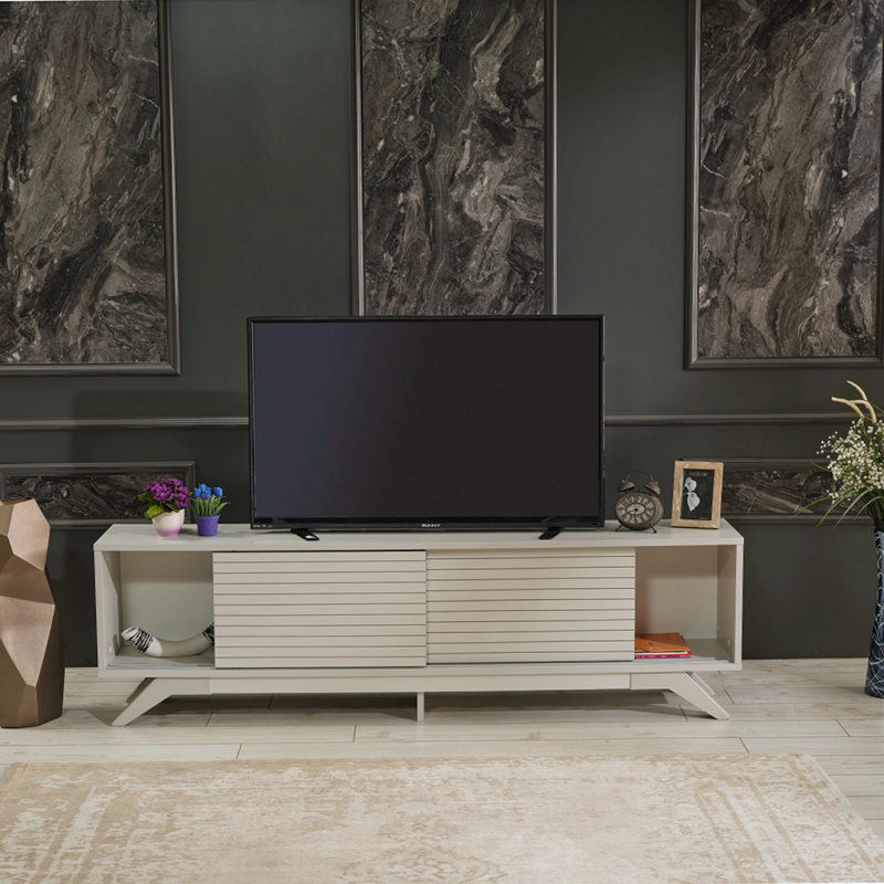Meuble télé avec rangement 2 portes en bois massif Kely, Gris