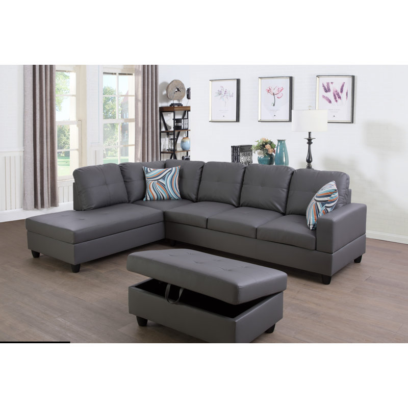 Canapé et méridienne de 103,5 po de large avec repose-pieds faisant face à gauche, Similicuir gris éléphant