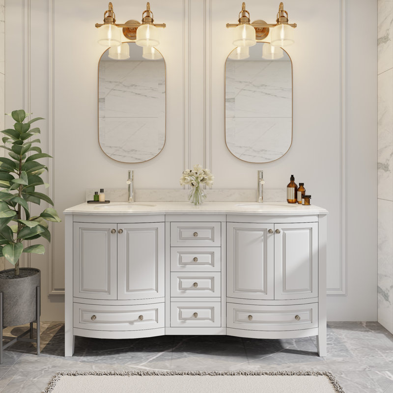 Mandilyn 60" Fully Assembled Double Sink Bathroom Vanity with Engineered Stone Top, Ceramic Sink, Hand Paint, White