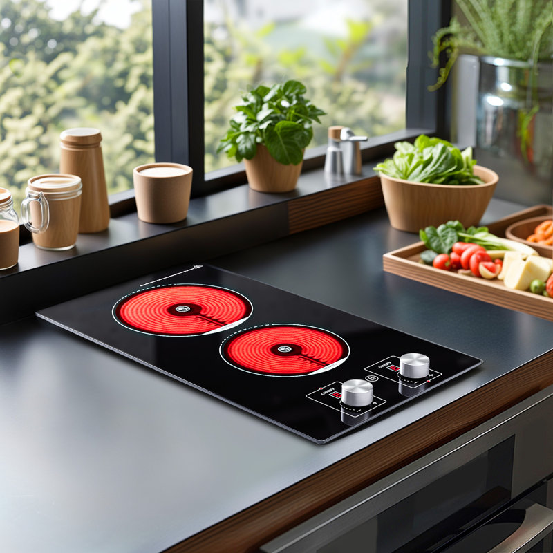 Surface de cuisson électrique à 2 brûleurs Advwin, surface de cuisson électrique 110 V avec commande à bouton, comptoir de 12 po et surface de cuisson en céramique intégrée avec verrou de sécurité pour enfant, minuterie, 9 niveaux de puissance e