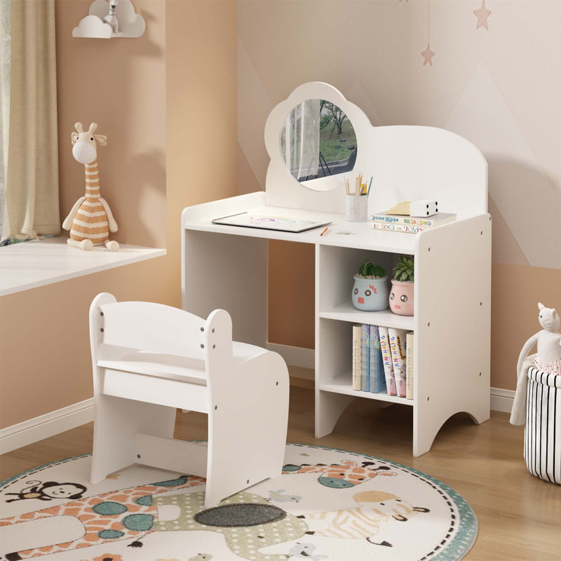 Kids Wooden Vanity Table Set With Mirror, Chair, And Storage Shelves For Dressing, Studying, And Playroom Activities