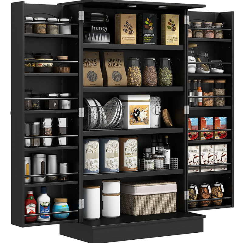Armoire de rangement autoportante de 104 cm (41 po), 12 portes, 5 étagères réglables, noire, idéale pour les ustensiles de cuisine, tasse à mesurer réglable