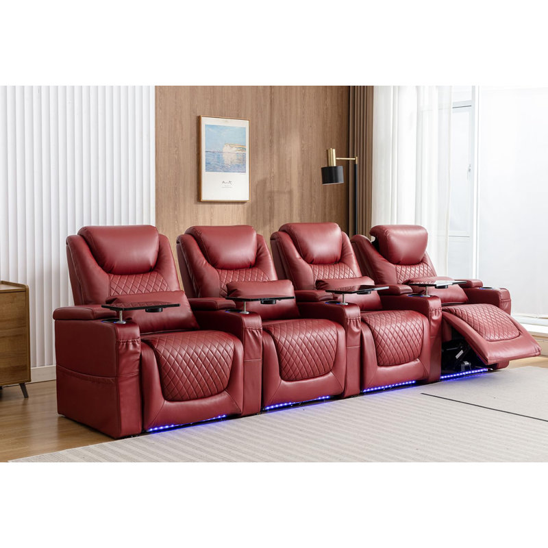 Sièges de cinéma maison, fauteuils de cinéma inclinables, chaises de cinéma avec éclairage ambiant 7 couleurs, coussin lombaire, poche latérale, table-plateau, inclinaison électrique (rouge, rangée de 4)
