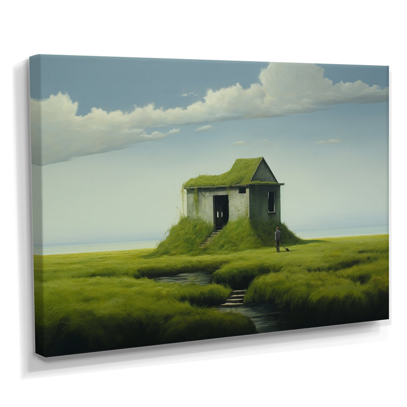 Désert maison de campagne verte nostalgie - impression d'art mural paysage, H 24 po x l 32 po x P 1 po, Toile tendue