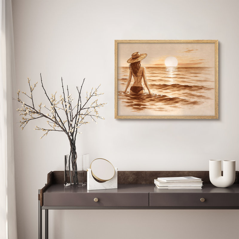 Reproduction d'art encadrée de coucher de soleil vintage encadrée - vue côtière chaleureuse pour le salon, H 11 po x l 14 po