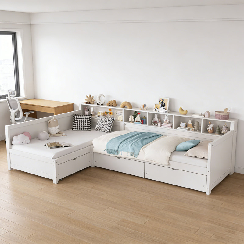 Twin Size Day Bed For 2, L- Shape Twin Size Bed Frame With Storage 3 Drawers,  Wooden Corner Bed With Bookshelf, Corner Bed Frame For Bedroom, Living Room,White