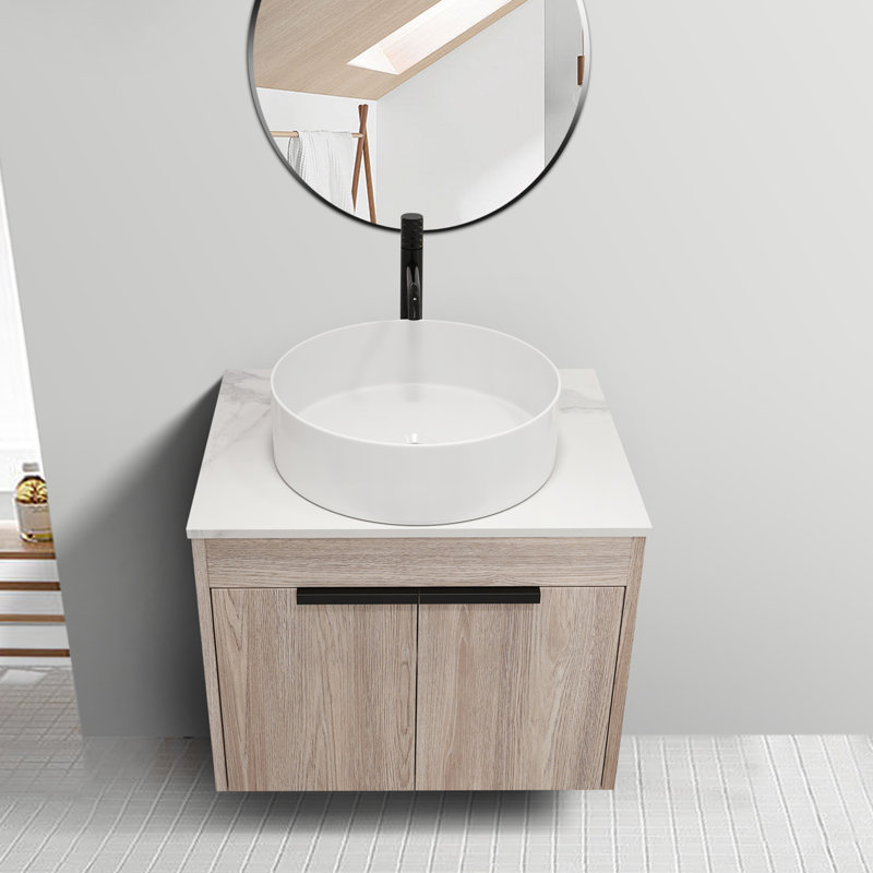 Ensemble de meuble-lavabo mural simple en chêne blanc Mariena de 24 po avec vasque en céramique