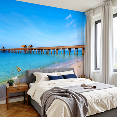 Papier peint 3D Naples Pier Beach Florida Coastal Ocean Landscape Wall Adhésif auto-adhésif Papier peint pour chambre à coucher Salon Dortoir Décoration murale Plafonnier autocollant