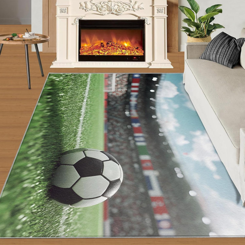 Soccer Field Area Rug, Washable Non-Slip Sports Theme Carpet, Foldable Faux Cashmere Rug for Bedroom, Living Room, or Entryway