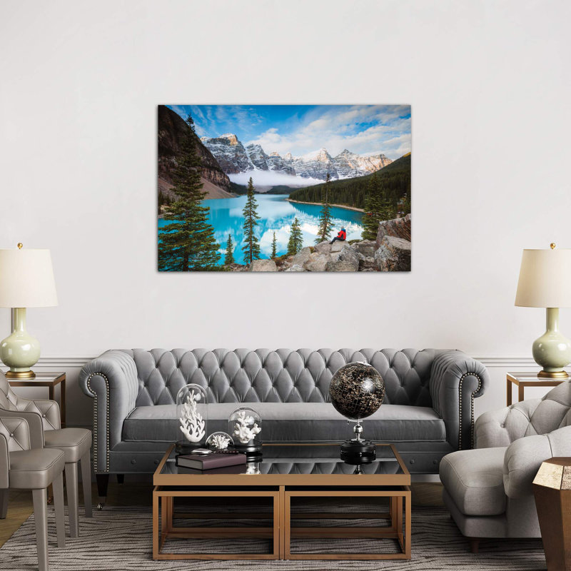 Man Sitting Near Moraine Lake, Banff National Park, Canada by Matteo Colombo - Wrapped Canvas Print