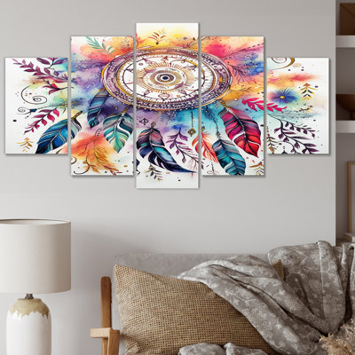 Rainbow Boho Dreamcatcher Watercolor II - Dream Catcher Wall Art Living Room - 5 panneaux