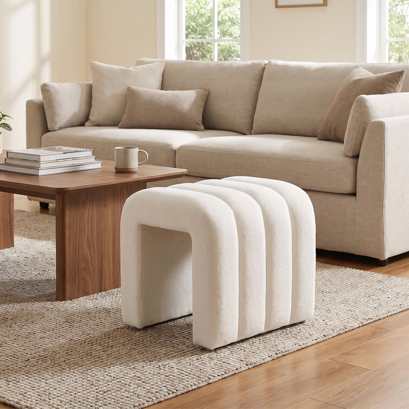 Modern U-Shaped Upholstered Footstool, White