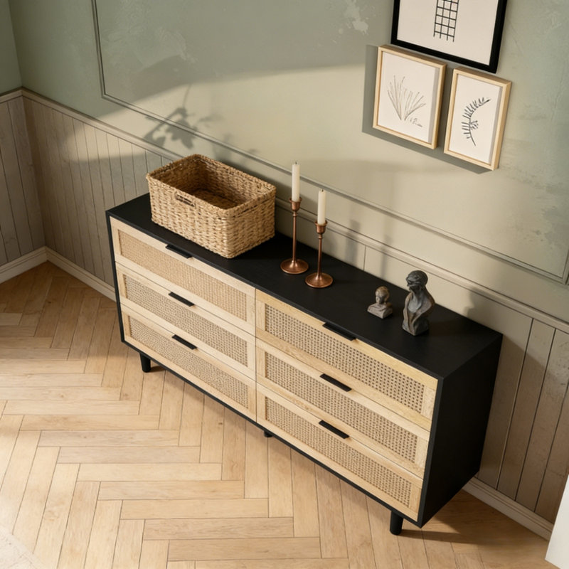 Storage Cabinet Rattan Drawer, Black